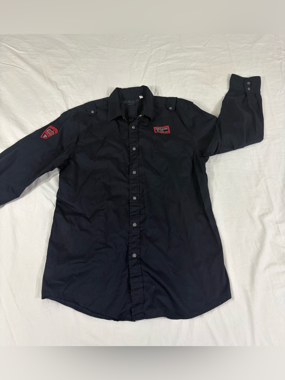 Guess Mens Black Patched Long Sleeve Snap Button Up Shirt L